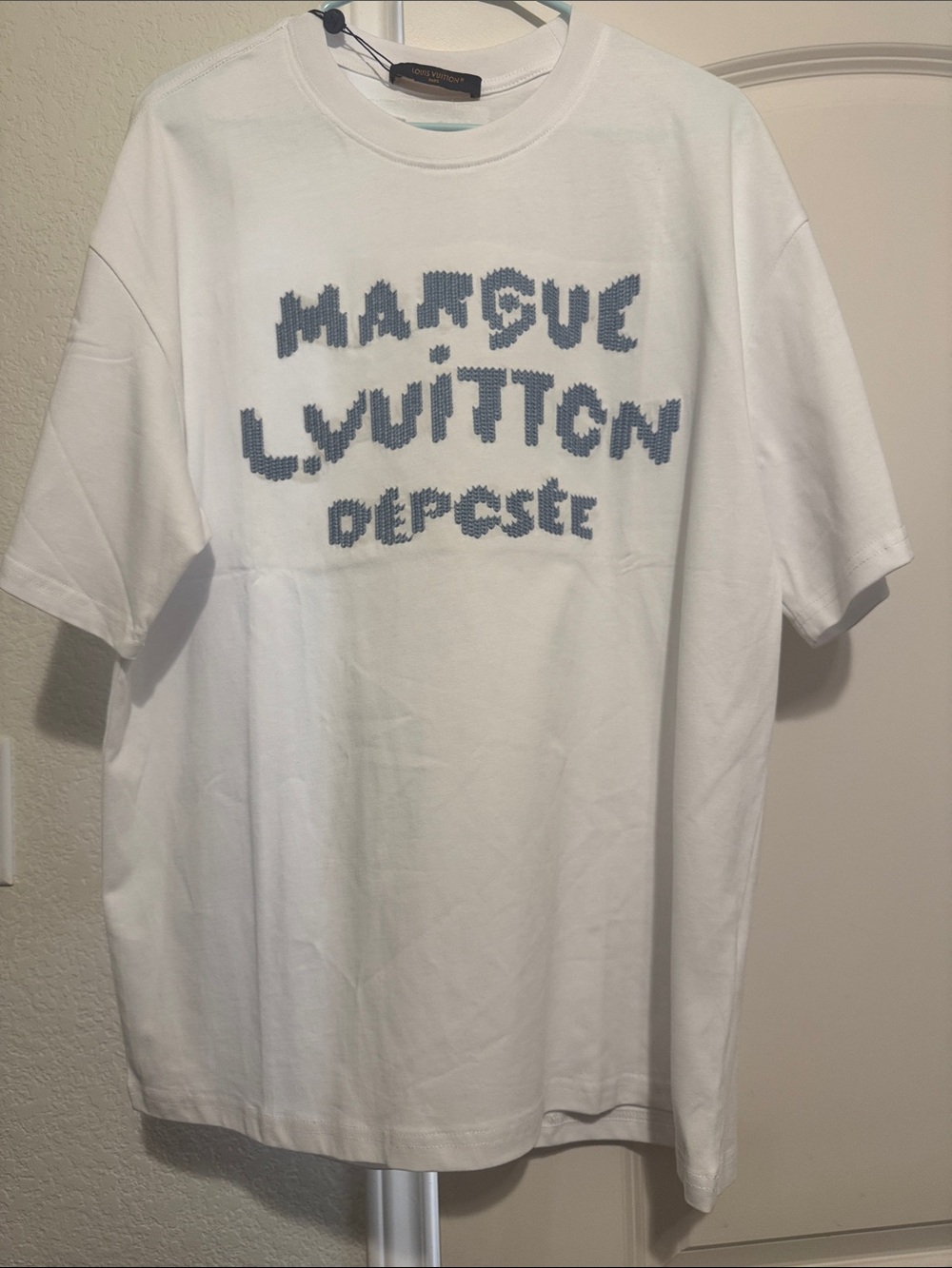 Louis Vuitton White Cotton Short-Sleeve T-Shirt with Blue Pixel Logo